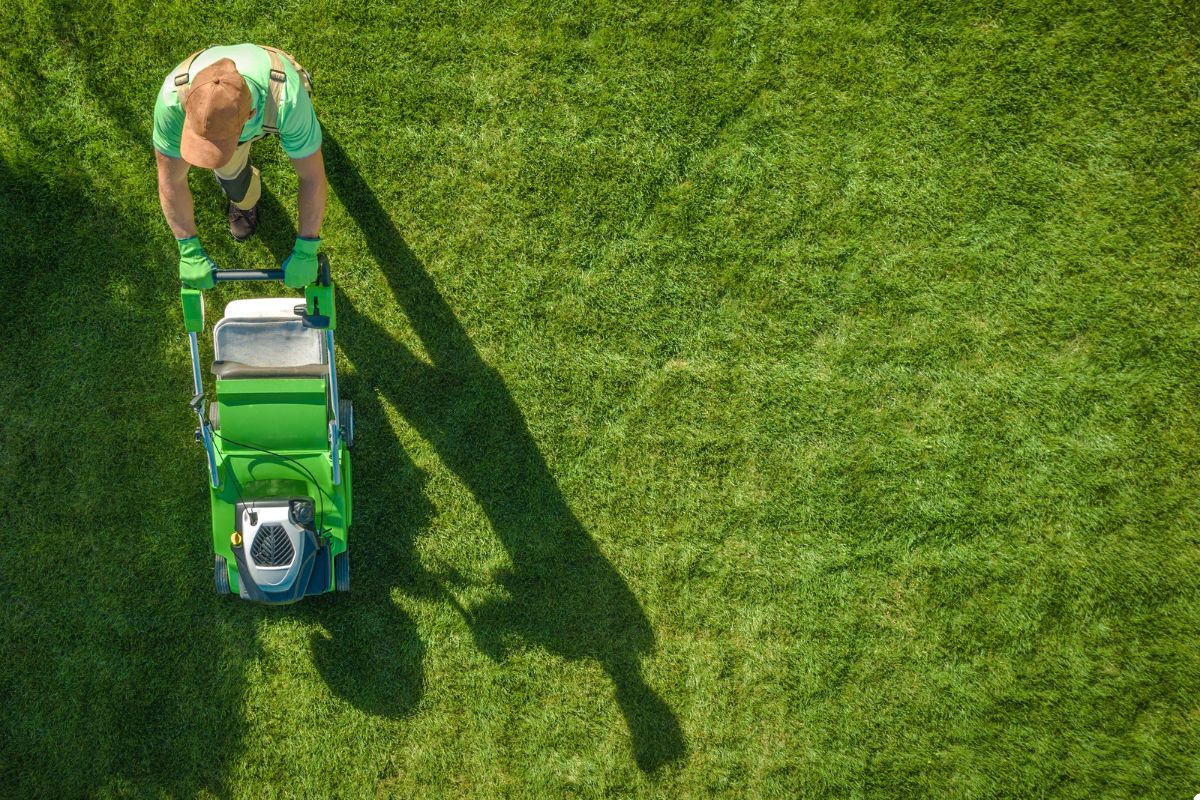A man uses a green lawn mower to cut the grass in a well-maintained yard.